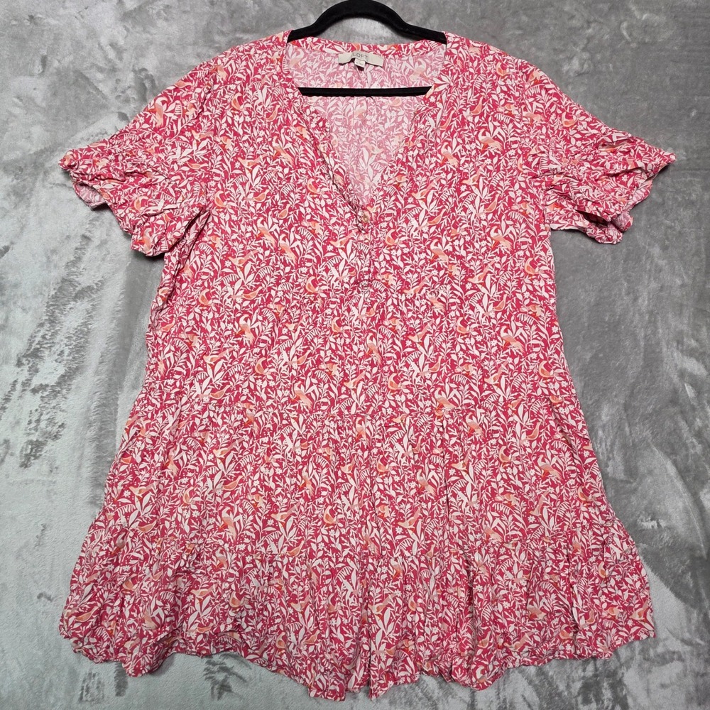 LOFT Pink White Bird Botanical Print Tiered V-Neck Mini Dress XL Rayon Flutter